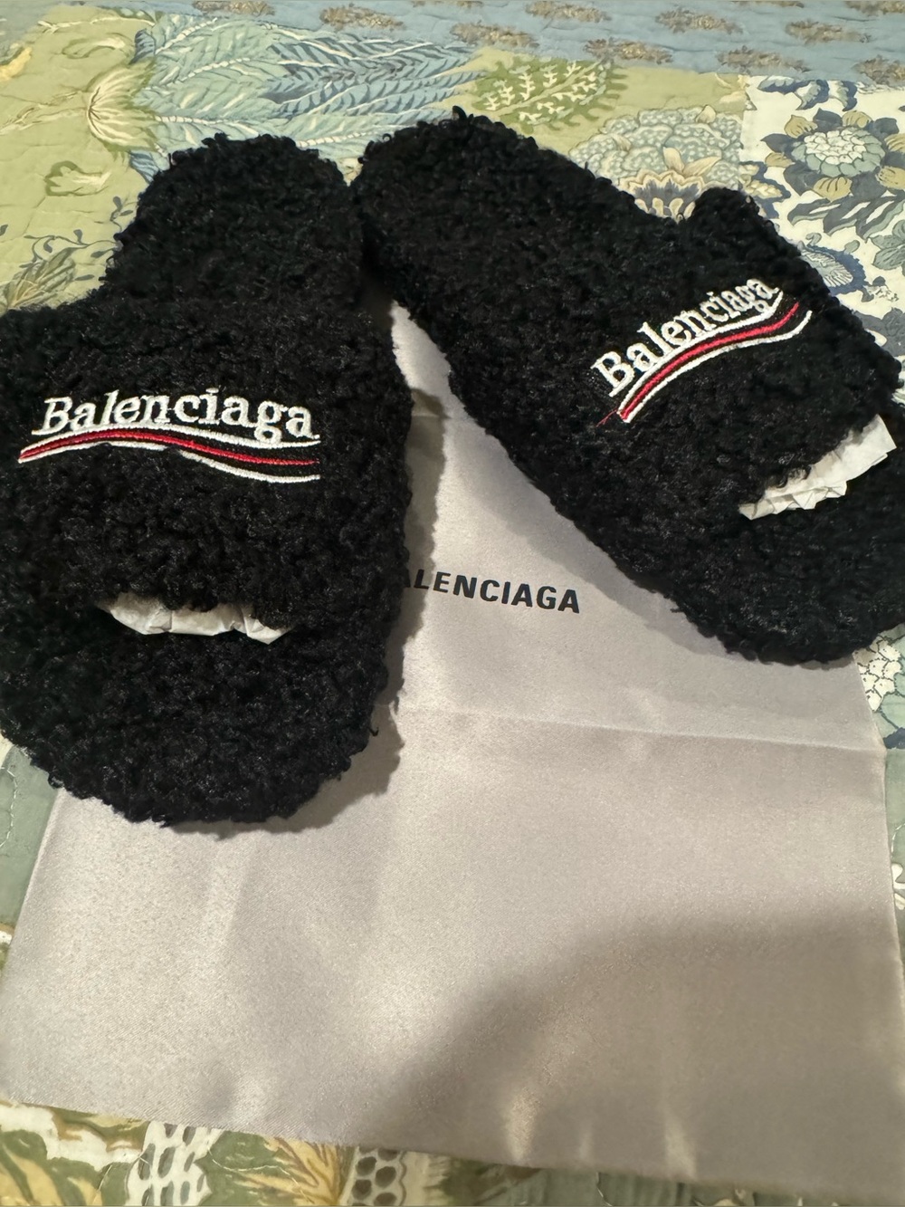 Balenciaga Black Logo Furry Slides Men Size 42